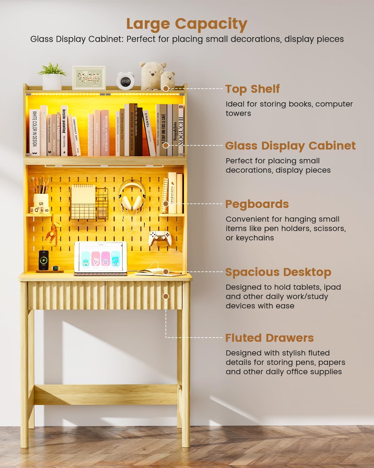 HNEBC Natural Computer Desk - with Power Outlets & Chariging Station,Small Writing Desk with Hutch and Drawers,66.3''H Office Desk with Pull-Out LED Lights,Pop-up Glass Door,Pegboards,Bedroom