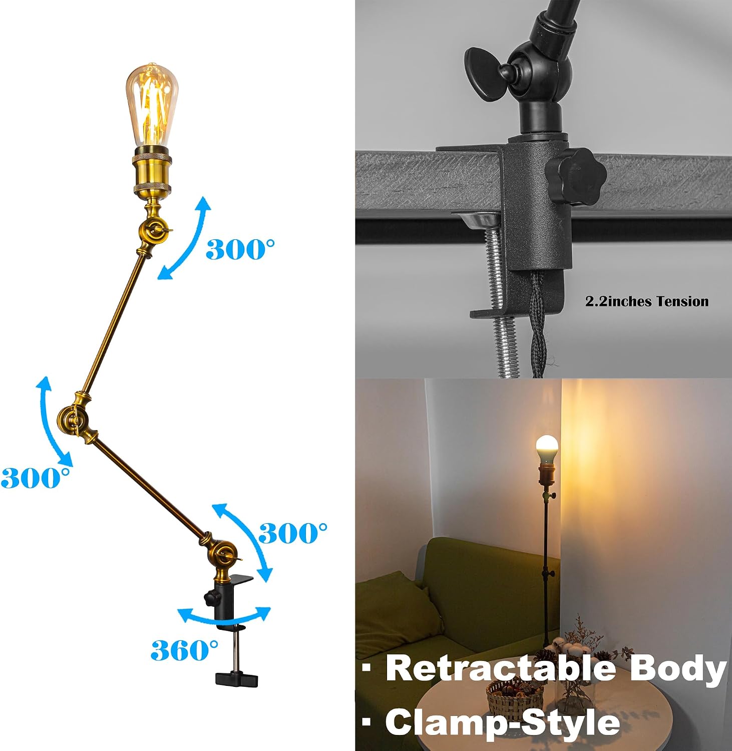 Kiven Dimmable Clamp Lamp, 1-Light Aluminum Nightstand Lamp with Flexible Swing Arm, Remote Control, Industrial Decorative Clip-on Desk Lamp for Bookshelf Office Bedside,Gold