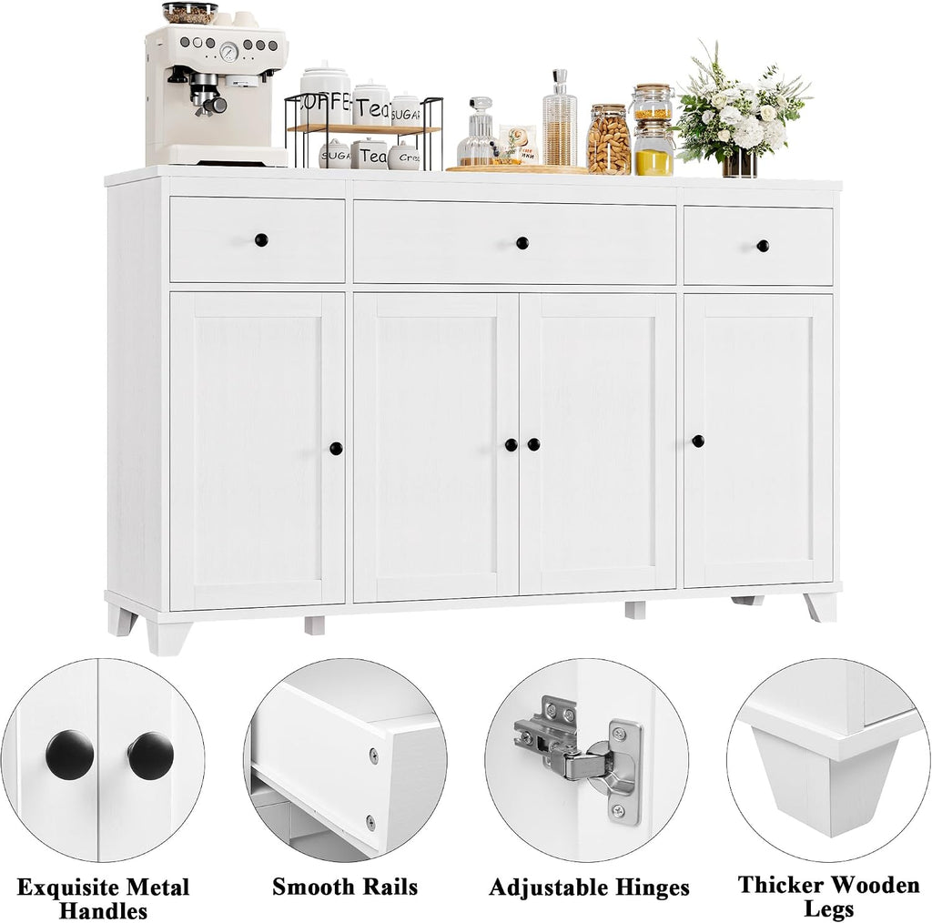HIFIT 55' Large Kitchen Buffet Cabinet with Storage Drawers, Modern Sideboard Buffet Table Storage Cabinet with Doors and Shelves, Wood Coffee Bar Cabinet for Kitchen Dining Living Room, White