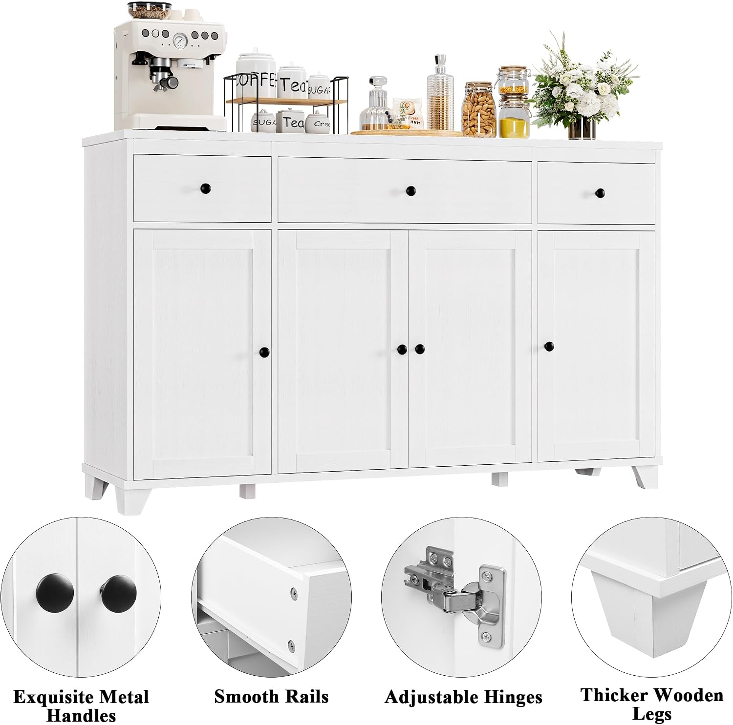 HIFIT 55' Large Kitchen Buffet Cabinet with Storage Drawers, Modern Sideboard Buffet Table Storage Cabinet with Doors and Shelves, Wood Coffee Bar Cabinet for Kitchen Dining Living Room, White