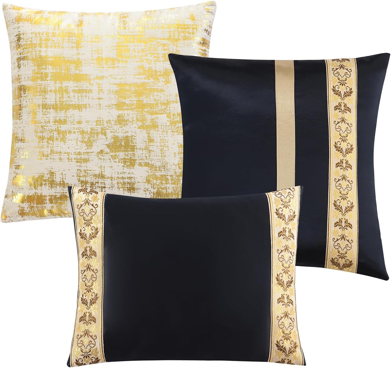 Finlonte Comforter Set California King Size, Navy Blue Gold, 7-Piece Bed in a Bag for All Seasons, Luxury Vintage Floral Jacquard Damask Patchwork, Bedding Sets with Bed Skirt, Shams and Decor Pillows