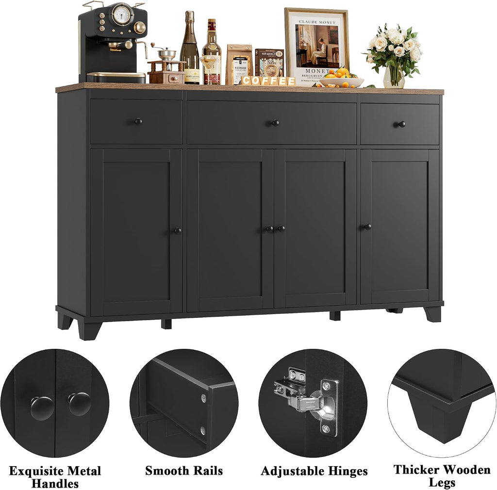 HIFIT 55' Large Kitchen Buffet Cabinet with Storage Drawers, Farmhouse Sideboard Buffet Table Storage Cabinet with Doors and Shelves, Wood Coffee Bar Cabinet for Kitchen Dining Living Room, Black