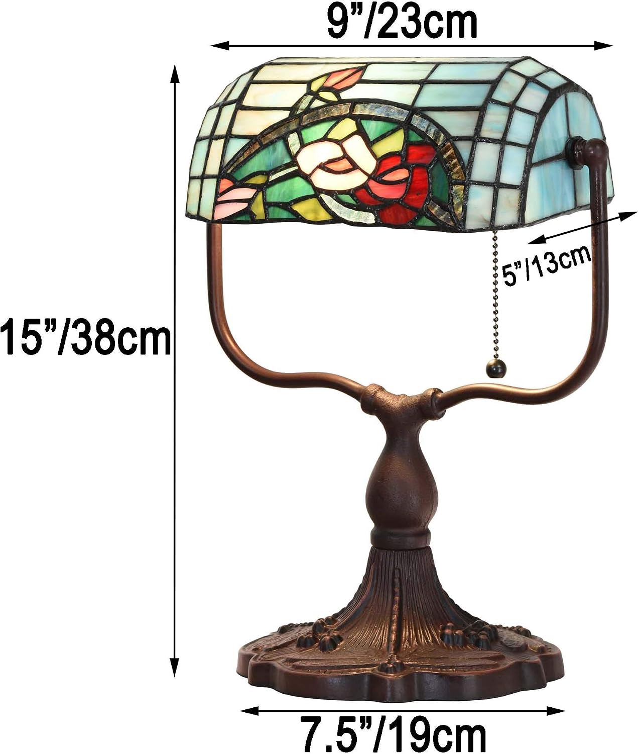 Bieye L10760 Rose Flower Tiffany Style Stained Glass Bankers Desk Lamp Table Lamp for Working Office Living Room Bedside Home Decoration, 9' W x 15' H, Red Green