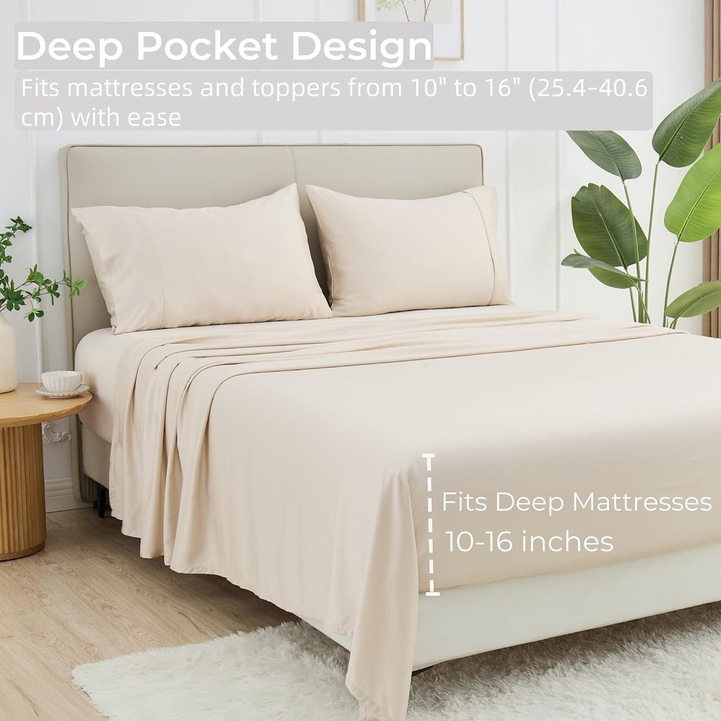 GOKOTTA King Size Bed Sheets 6 Piece Set, Ultra Soft Sheets, Cooling for Hot Sleepers - Hotel Luxury Silky Breathable Sheets, Deep Pocket Up to 16' - 100% Rayon Derived from Bamboo (Light Beige)