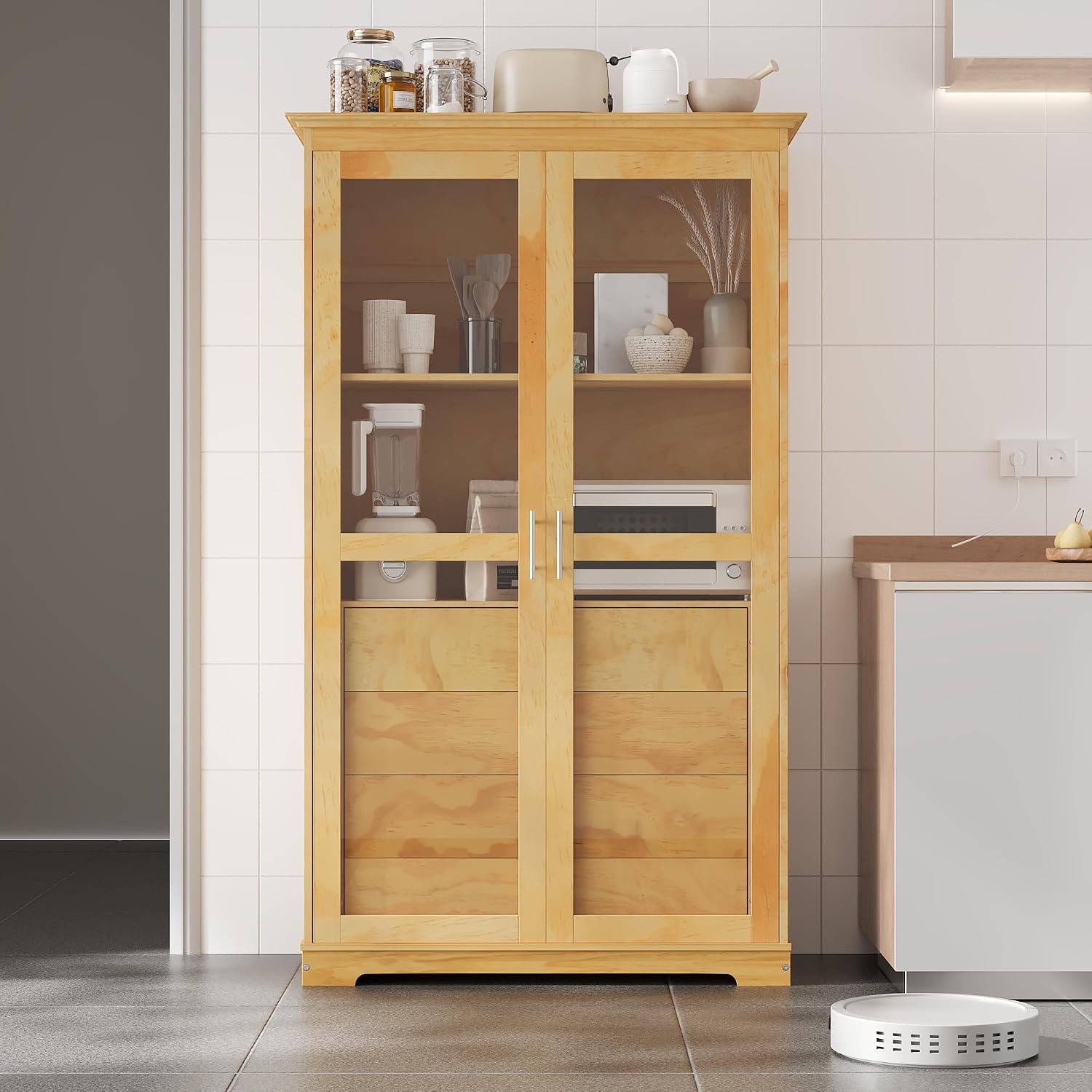 Modern 75inch Kitchen Pantry, Freestanding Kitchen Storage Cabinet Display Cabinet with Glass Doors and 4 Built-in Drawers for Living Room, Home Office (Natural-30r)