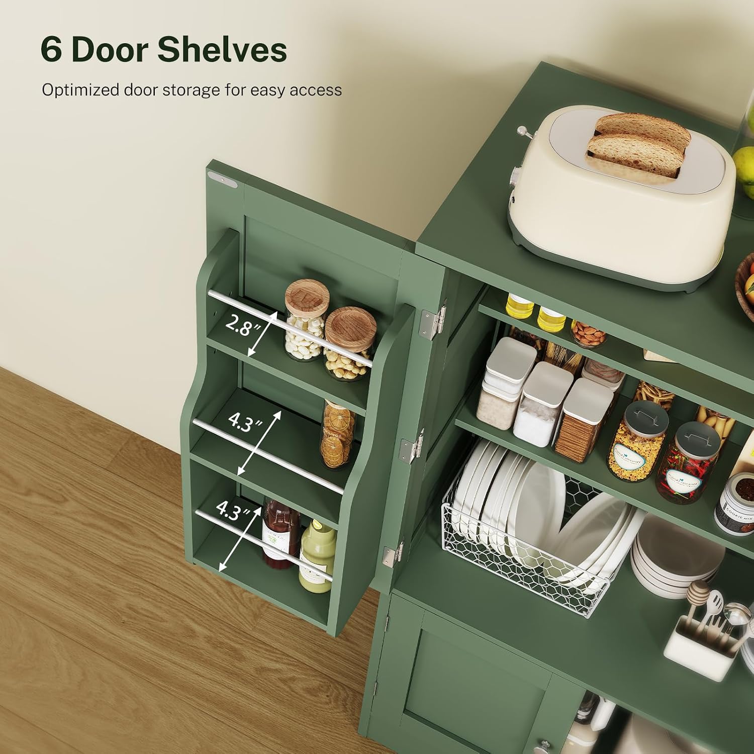 TEENFON 43' H Storage Cabinet with 4 Doors, Kitchen Cabinet with 6 Door Shelves, Kitchen Pantry Cabinets for Living Room, Dining Room, Bathroom, Forest Green