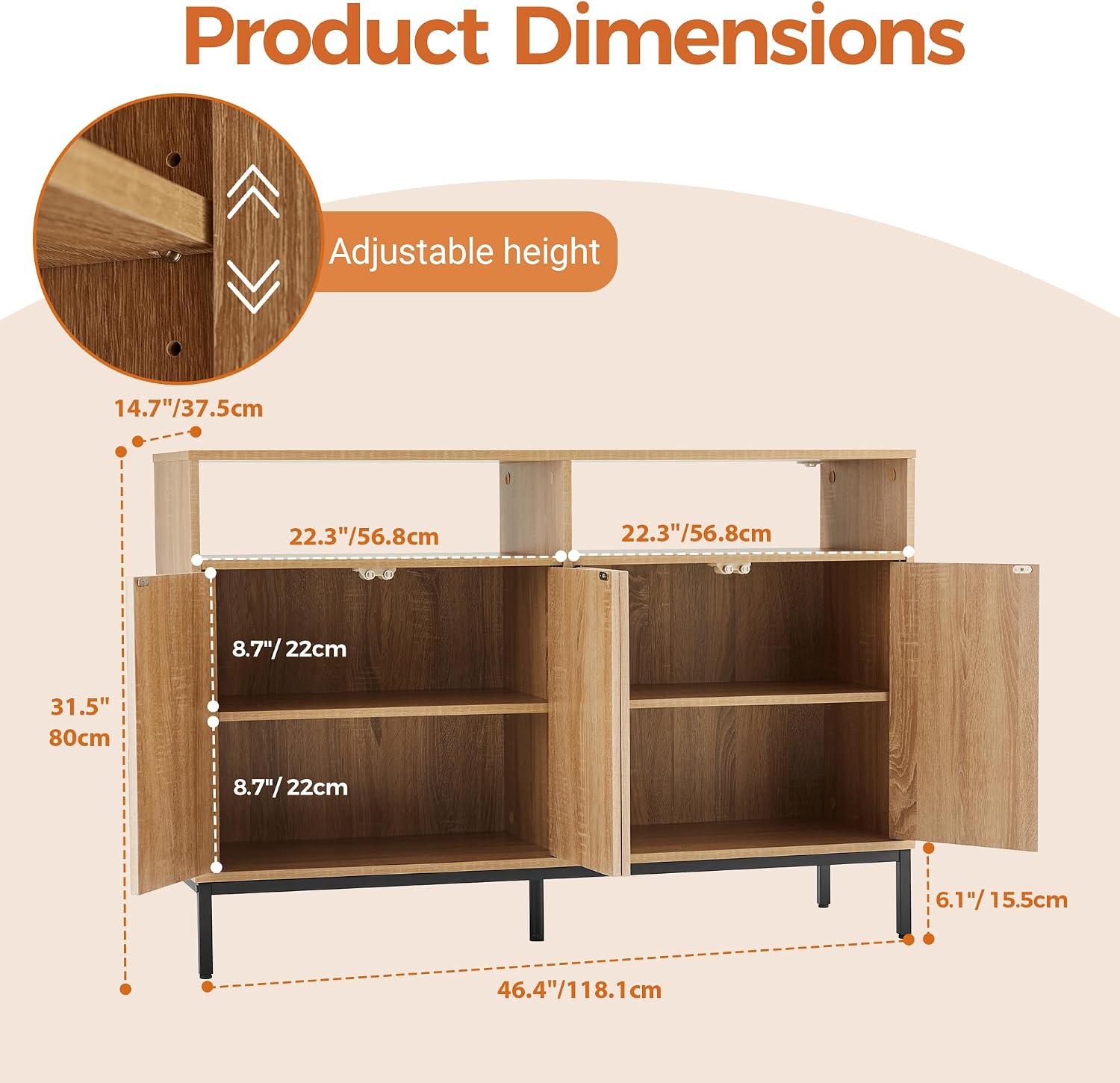 Mericonia Farmhouse Buffet Sideboard Cabinet with Storage, Fluted Coffee Bar with Doors and Adjustable Shelves, Modern Wood Console Cabinet for Kitchen, Livingroom (Fluted 4 Door, Natural)