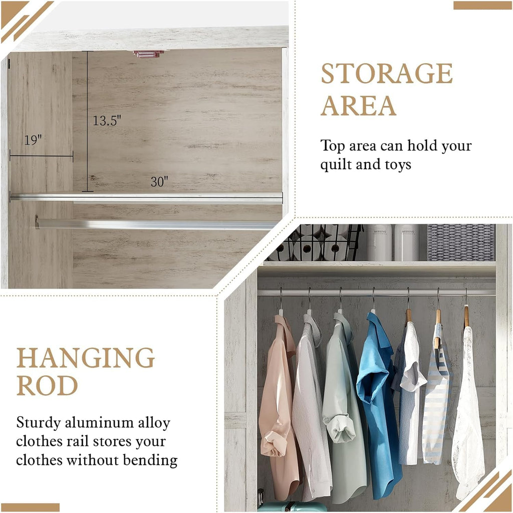 LUXOAK 70' Large Armoire Wardrobe Closet Set of 2 with Hanging Rod, Farmhouse Clothing Storage Cabinet with 2 Barn Doors, Wooden Tall Bedroom Armoires with Shelf, Distressed White