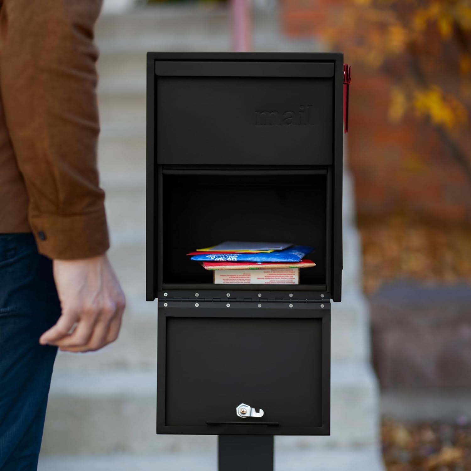 Adoorn Lockable Post Mount Mailboxes for Outside - Large Anti-Theft Locking Mailbox for Packages and Letters - Weatherproof Construction - Durable Steel - 15.5' H x 12' W x 18.5' D - Black
