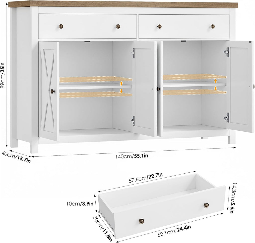 FOTOSOK Sideboard Buffet Cabinet with Storage, 55' Large Kitchen Storage Cabinet with 2 Drawers and 4 Doors, Wood Coffee Bar Buffet Table Console Table for Kitchen Dining Room, White