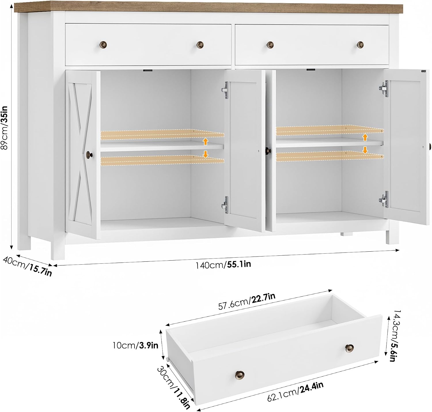 FOTOSOK Sideboard Buffet Cabinet with Storage, 55' Large Kitchen Storage Cabinet with 2 Drawers and 4 Doors, Wood Coffee Bar Buffet Table Console Table for Kitchen Dining Room, White