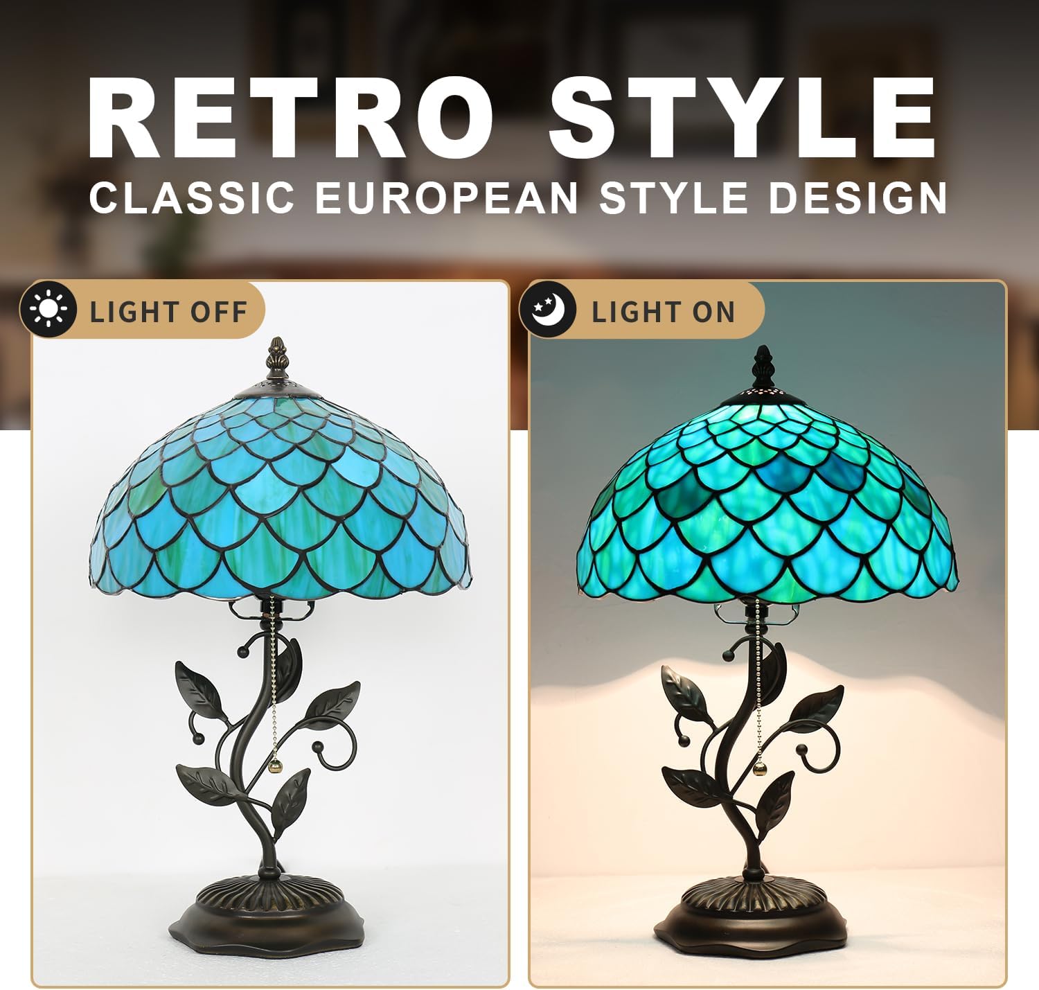 Tiffany Table Lamp, Stained Glass Blue Green Fish Scale Style, Metal Leaf Base Decor Lamp, 12x12x19 Inch for Bedroom, Living Room, Home, Office