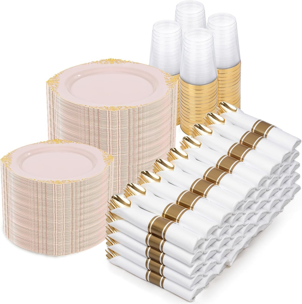 Nervure 700PCS Pink Gold Plastic Plates - Pink Plastic Dinnerware Sets for 100 Guests - 200 Disposable Plates, 300 Silverware, 100 Cups, 100 Napkins for Wedding, Party