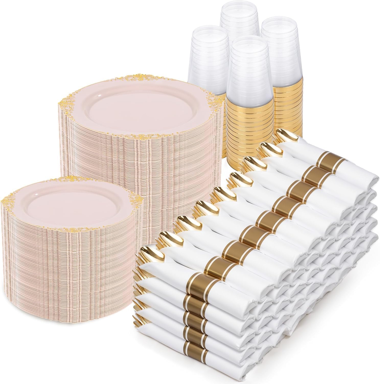 Nervure 700PCS Pink Gold Plastic Plates - Pink Plastic Dinnerware Sets for 100 Guests - 200 Disposable Plates, 300 Silverware, 100 Cups, 100 Napkins for Wedding, Party