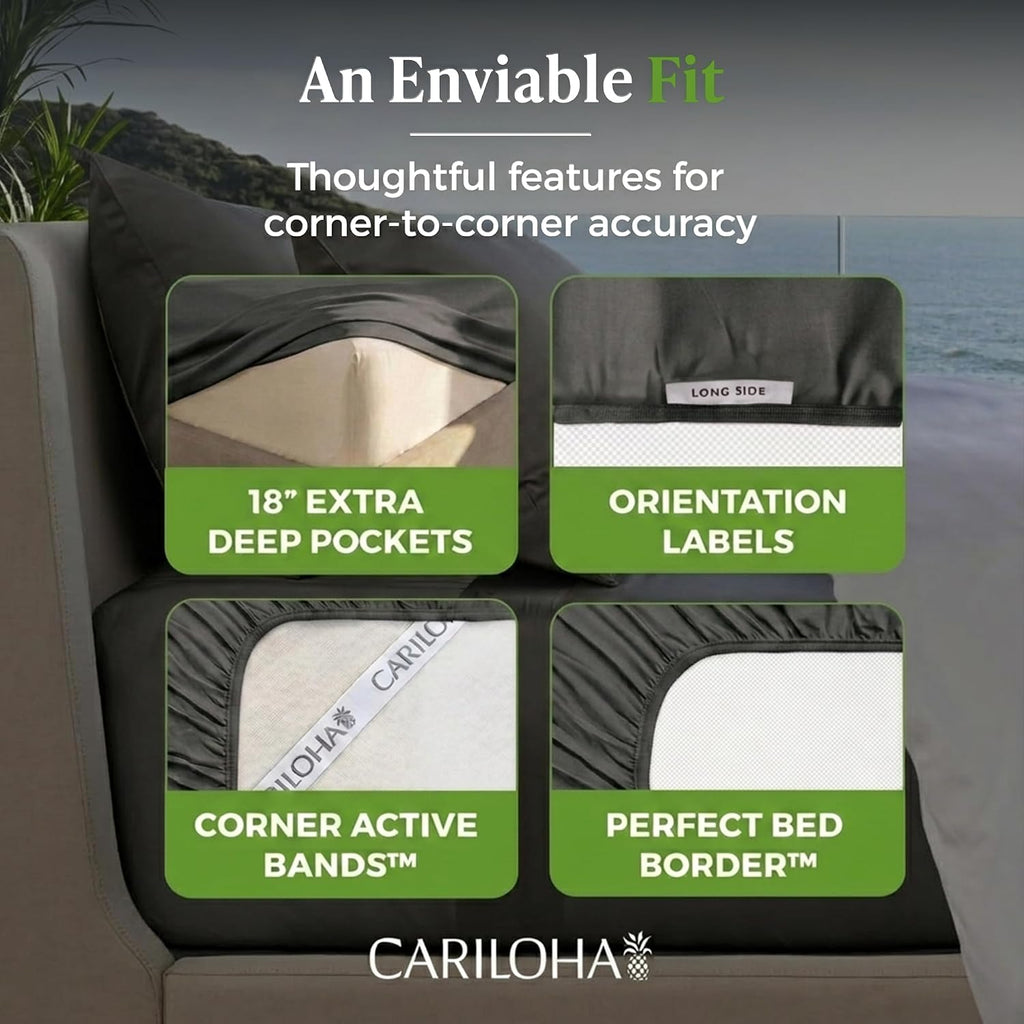 Cariloha Resort 100% Organic Bamboo Viscose Sheets - 5-Piece Split King Sheet Set - 18 in Extra Deep Pockets - Sateen Weave, Cooling, Hypoallergenic Luxury Sheets - Oeko-TEX Standard 100 - Onyx