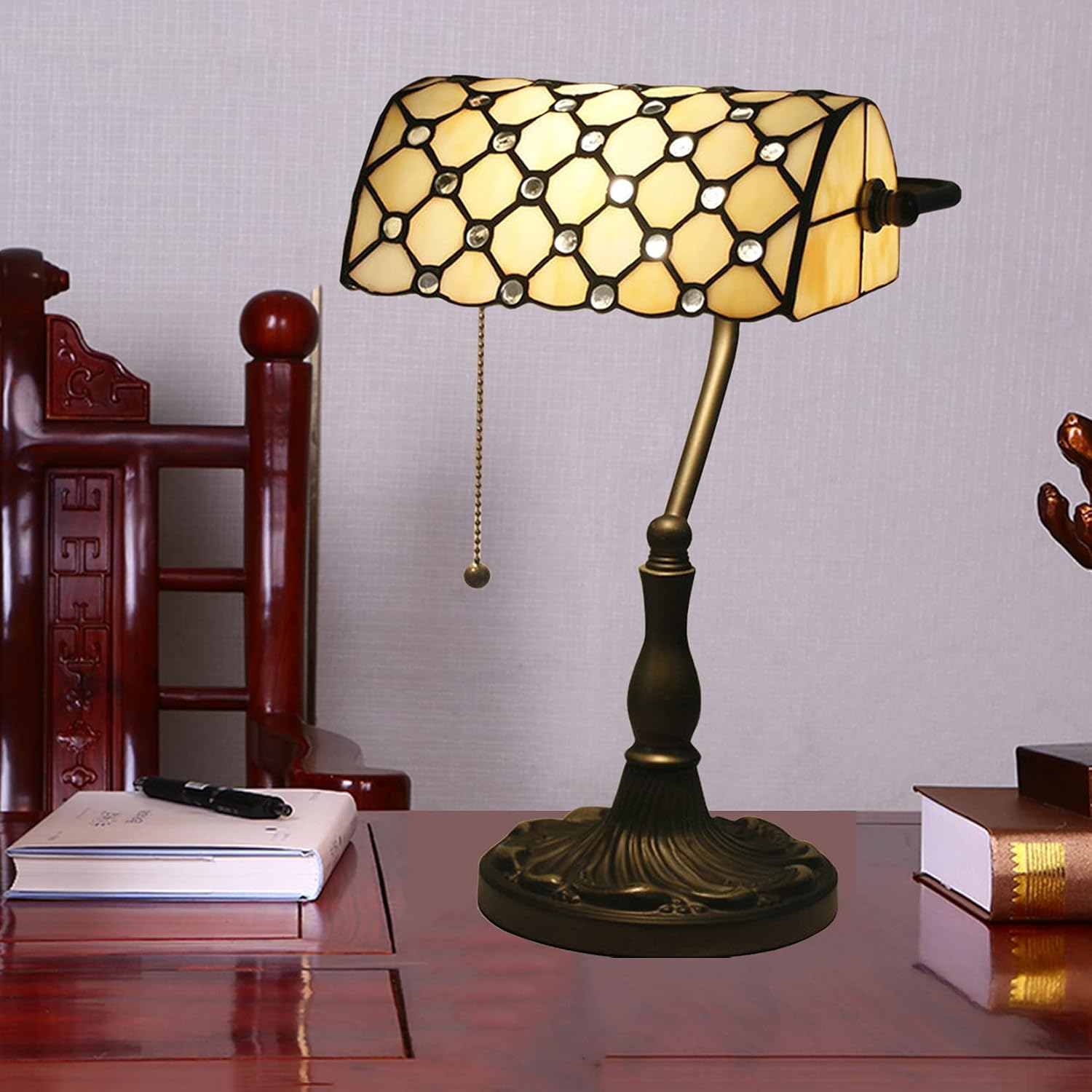 Tiffany Style Bankers Table Lamp Stained Glass Piano Desk Lamp Vintage Bedroom Bedside Lamp for Study,Antique Alloy Base,Zipper Switch,Beige
