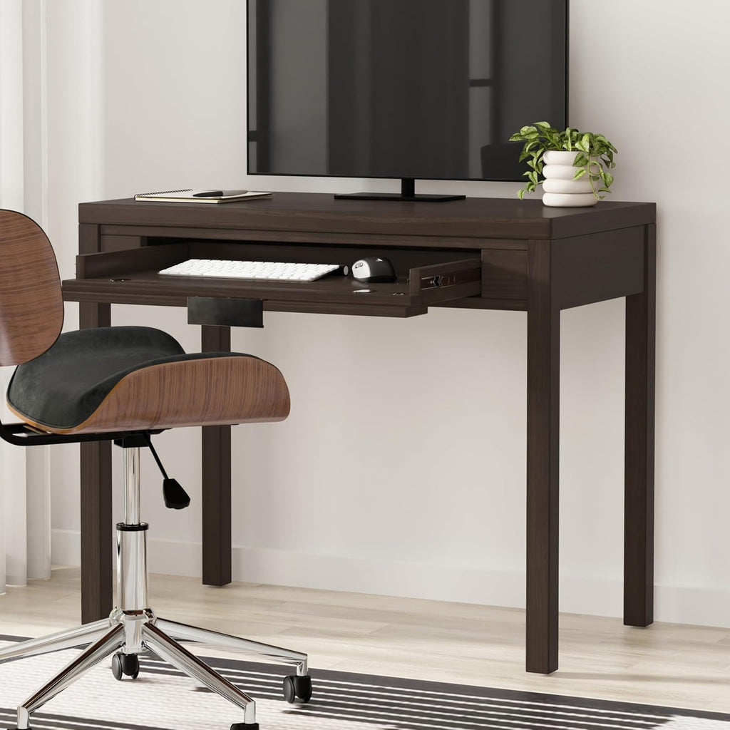 SIMPLIHOME Hollander Small Desk - 38 Inch Wide Solid Wood Writing Desk in Warm Walnut Brown, Contemporary Home Office Computer Table for Study or Compact Space with Flip-Down Keyboard Tray