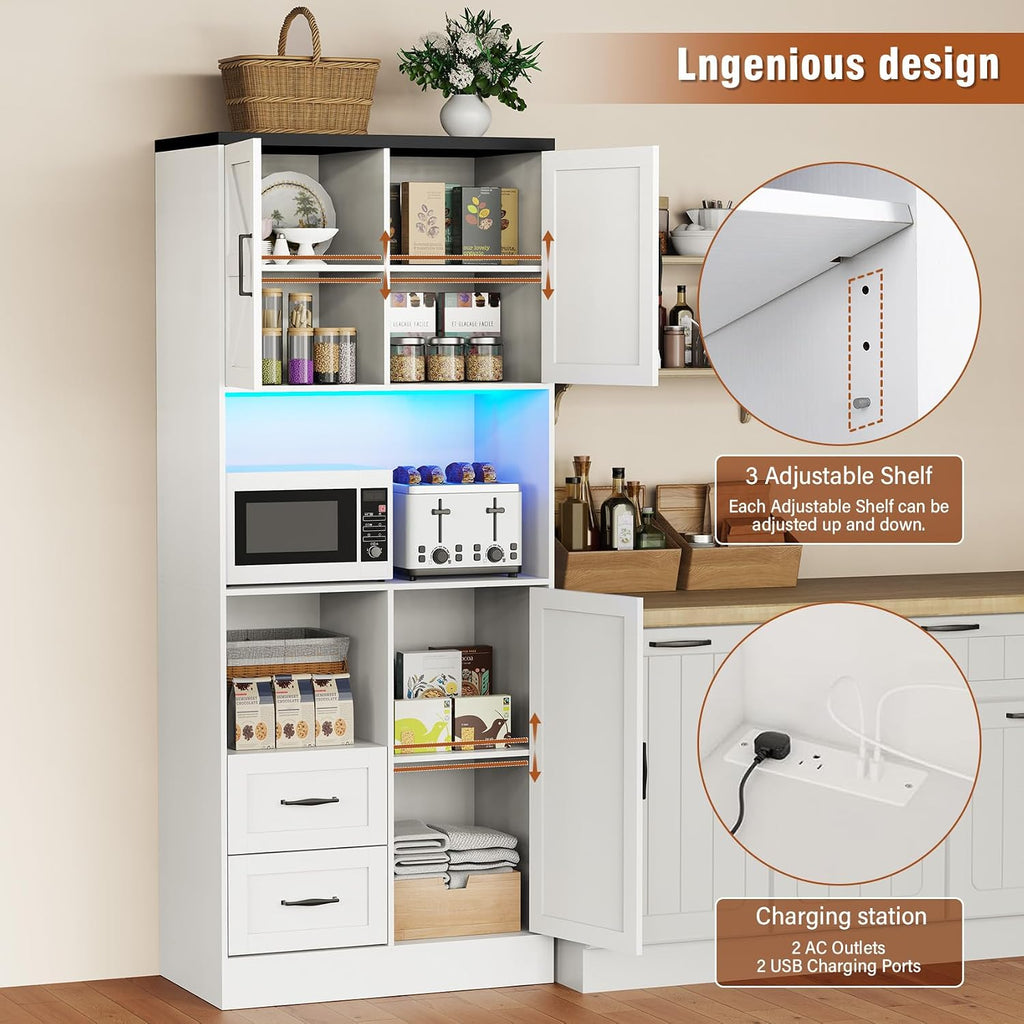 Bigbiglife Farmhouse Kitchen Pantry Cabinet with LED Lights and Power Strip, Tall Kitchen Storage Cabinet, Kitchen Hutch with Microwave Stand & Barn Doors and Drawers for Dining Room (White)