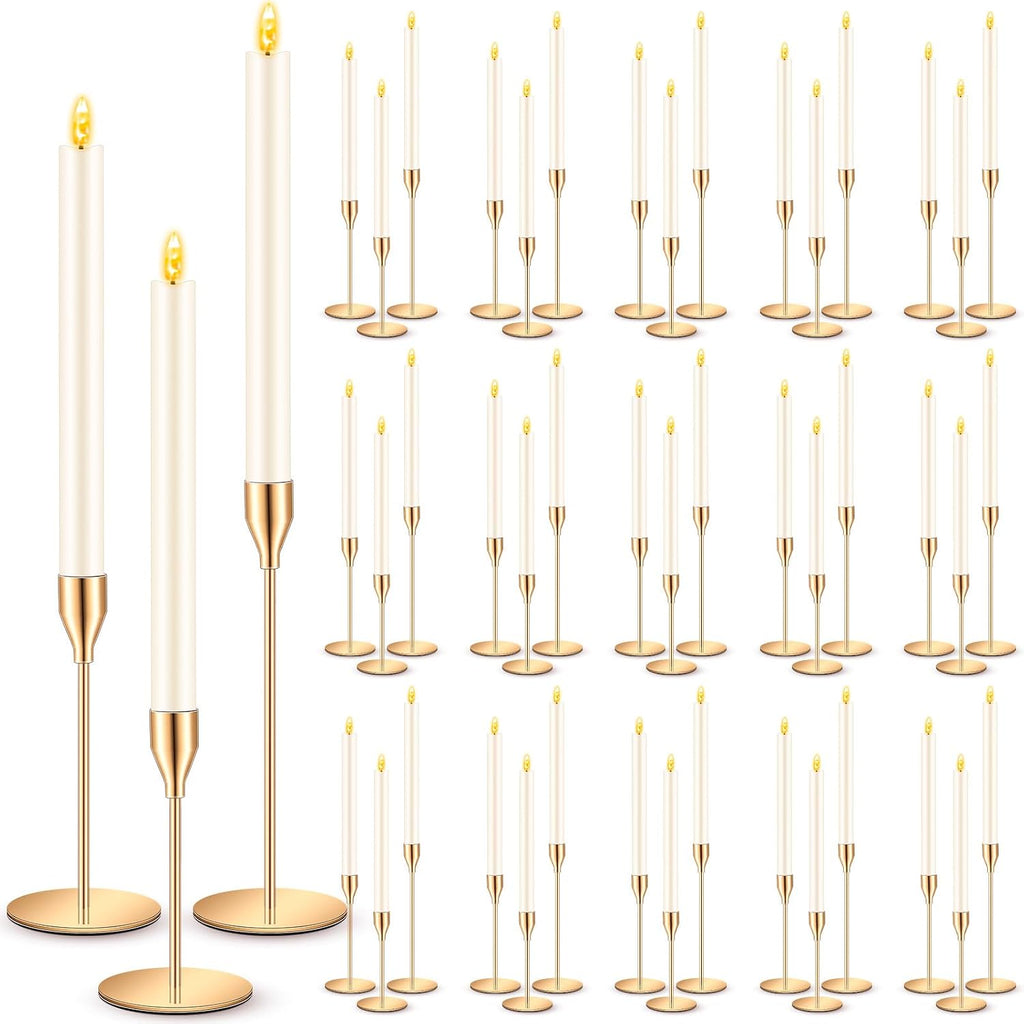 FillTouch 60 Pcs Gold Candlestick Holders with LED Flameless Candles Bulk Includes 30 Metal Candle Holders and 30 Battery Operated Candles for Wedding Table Centerpieces Home Decor (Ivory)