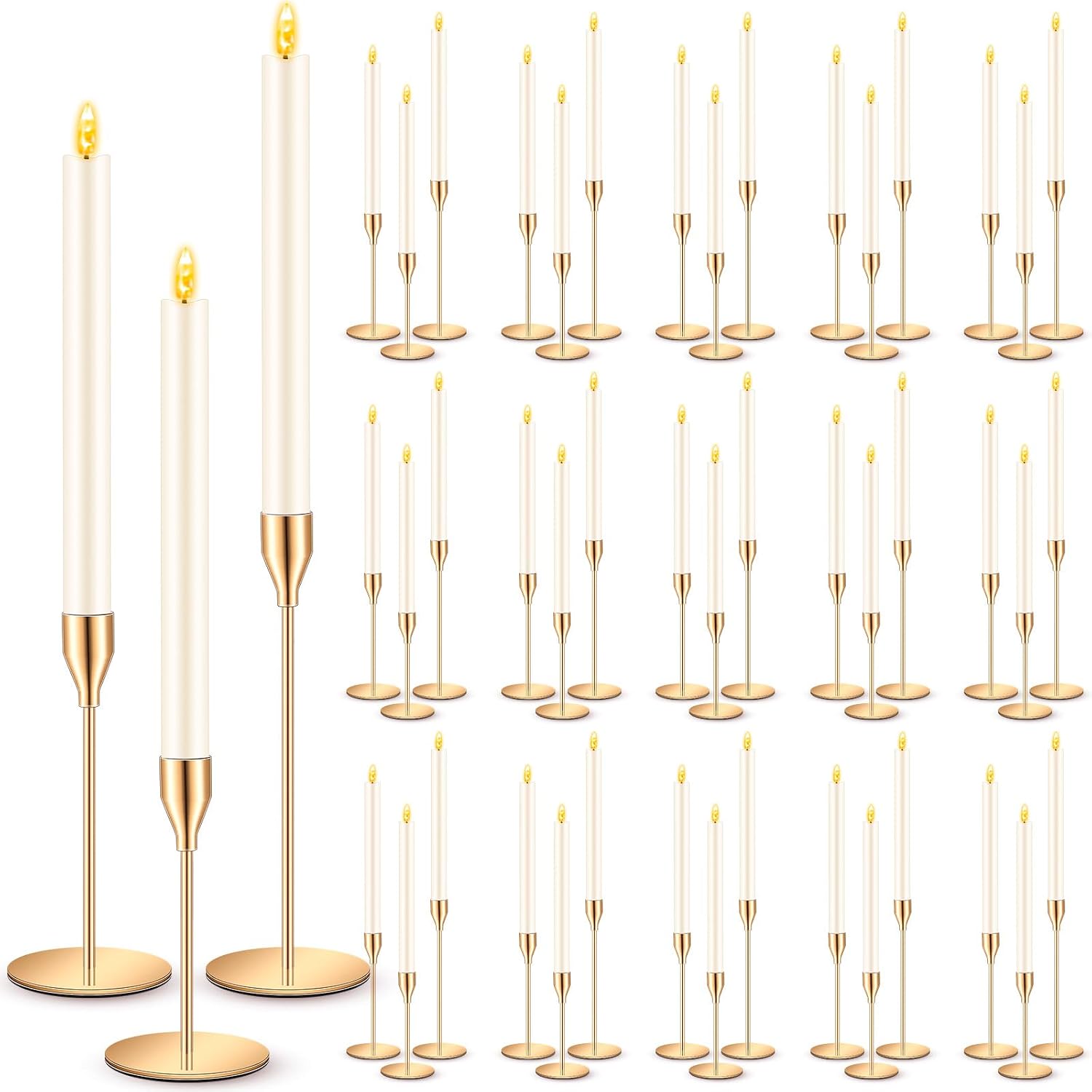 FillTouch 60 Pcs Gold Candlestick Holders with LED Flameless Candles Bulk Includes 30 Metal Candle Holders and 30 Battery Operated Candles for Wedding Table Centerpieces Home Decor (Ivory)