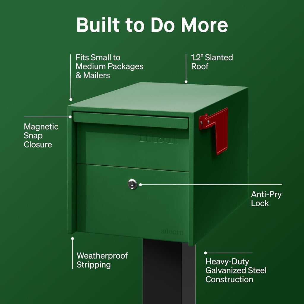 Adoorn Lockable Post Mount Mailboxes for Outside - Small Anti-Theft Locking Mailbox for Packages and Letters - Weatherproof Construction - Durable Steel - 12' H x 12' W x 18.5' D - Forest Green