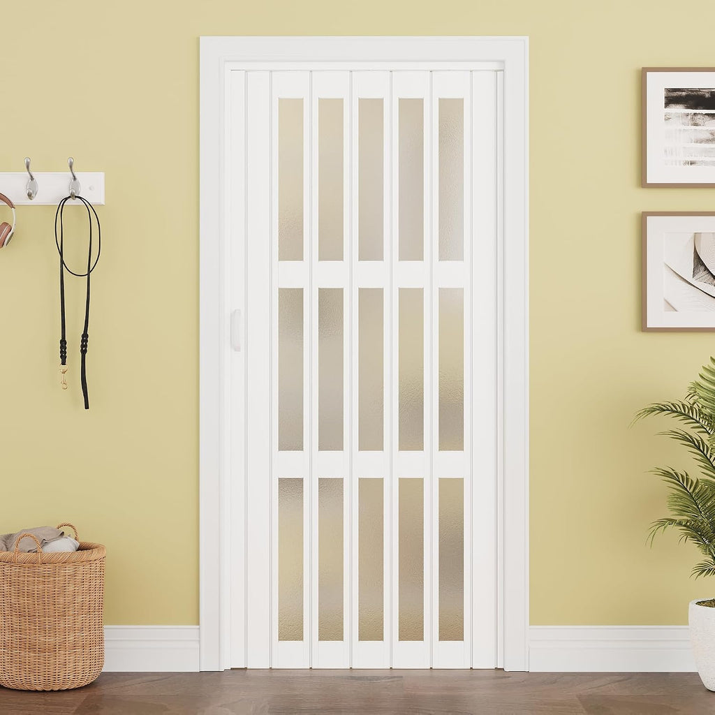 WINSTELLAR 36' x 80' Enhanced Accordion Doors with 3 Frosted Acrylic Panels, Bifold Closet Door Hardware Kit Included, PVC Interior Folding Doors with 2 Handles for Closet Bathroom Doorways