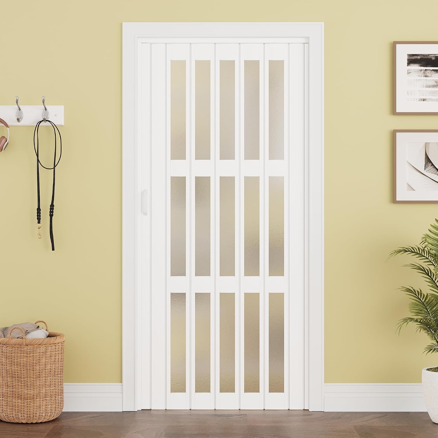 WINSTELLAR 36' x 80' Enhanced Accordion Doors with 3 Frosted Acrylic Panels, Bifold Closet Door Hardware Kit Included, PVC Interior Folding Doors with 2 Handles for Closet Bathroom Doorways