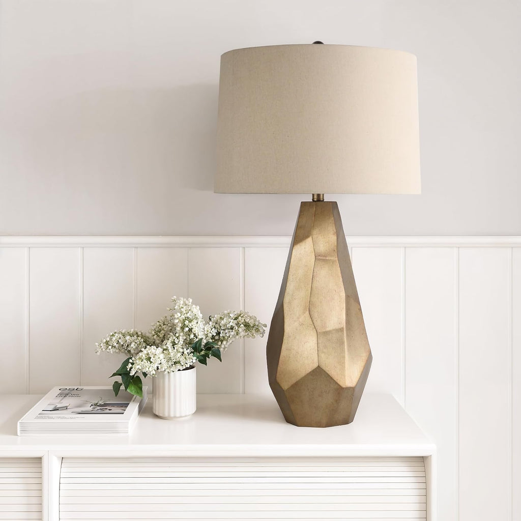 Abani Table Lamp Lia Faceted 31.5' – Modern Glam Gold Resin Base with Wheat Linen Shade – E26 Bulb Included – Elegant Desk Lamp for Bedroom, Living Room Lamp, Dorm or Nightstand