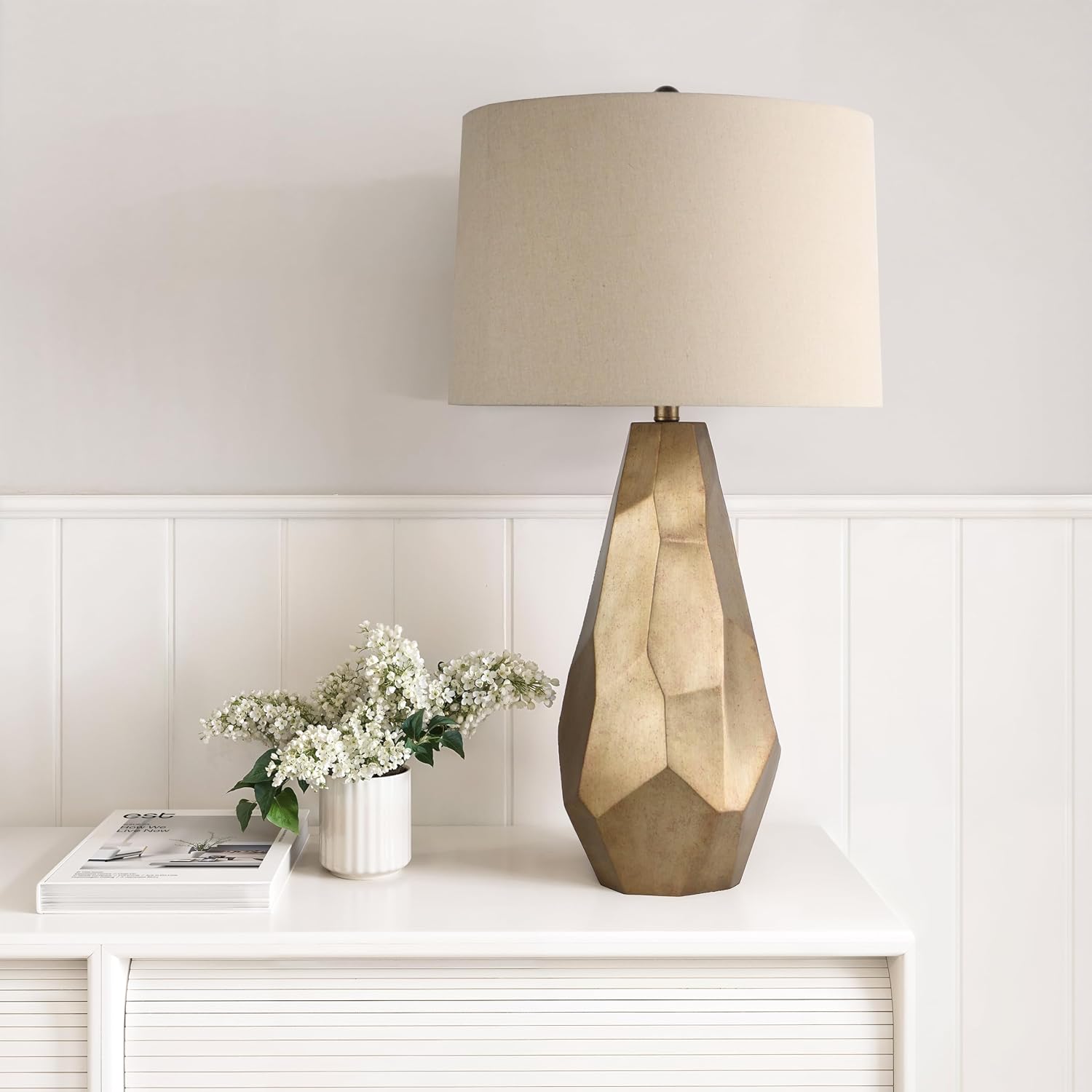 Abani Table Lamp Lia Faceted 31.5' – Modern Glam Gold Resin Base with Wheat Linen Shade – E26 Bulb Included – Elegant Desk Lamp for Bedroom, Living Room Lamp, Dorm or Nightstand