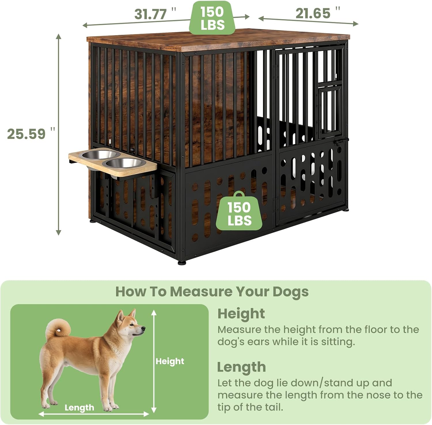 Yafylly 32 Inch Small Dog Crate, Wood Dog Crate Furniture for Small Medium Dogs, Interactive Window, 360° Rotating Adjustable Bowls, Decorative End Table Dog Kennel, Heavy Duty Small Dog Cage, Brown