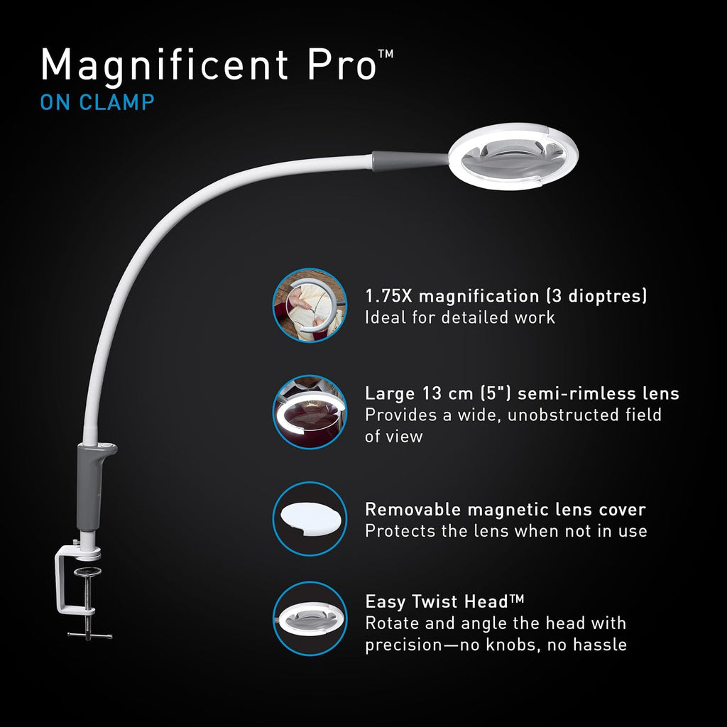 Daylight Magnificent Pro™ LED Magnifying Lamp with Clamp – 2-in-1 Task Light & Magnifier, 5,500 Lux at 6', 5' 1.75X Lens, 3 Brightness Levels, Flexible 26' Arm, 95+ CRI, Easy Twist Head – White/Grey