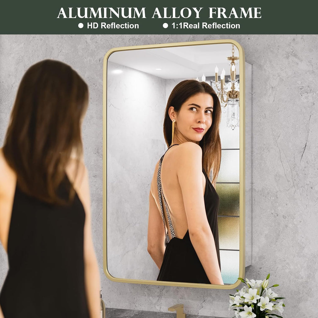 WallBeyond WallByond Bathroom Medicine Cabinet with Mirror, 19x30 Inch Gold Recessed Medicine Cabinet with Round Corner Aluminum Alloy Metal Framed, Single Door Modern MedicineMabinet with Storage