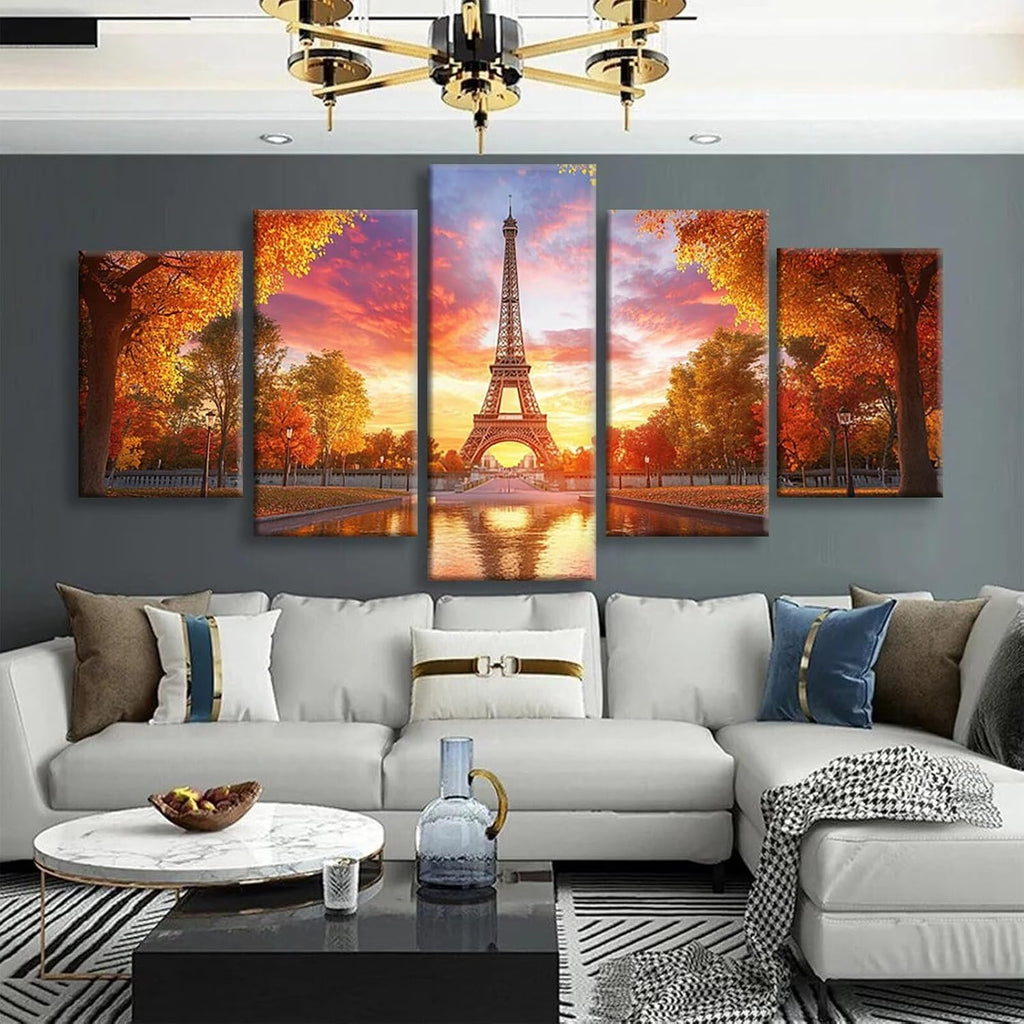 Sunset Diamond Art 5 Piece Diamond Painting Iron Tower 5D DIY Full Round Drill Dimond Art Paintings Crystal Crafts for Adults Gem Painting for Home Decor, Large Artwork for Wall 60 x 120 Inch, Model99