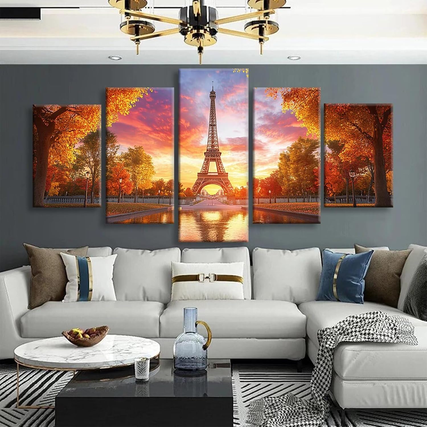 Sunset Diamond Art 5 Piece Diamond Painting Iron Tower 5D DIY Full Round Drill Dimond Art Paintings Crystal Crafts for Adults Gem Painting for Home Decor, Large Artwork for Wall 40 x 80 Inch, Model99