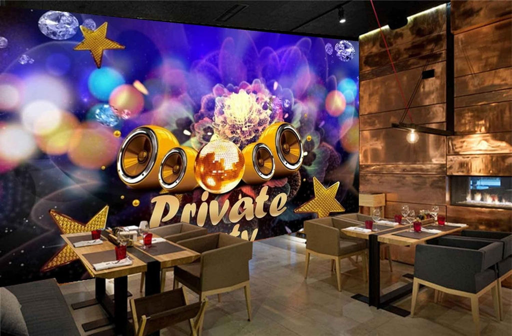 MWZ3497 Private Party Music Golden Stars HD 3D Wallpaper for Disco Club Karaoke[13 ft x 12 ft] / [396 cm x 366 cm]