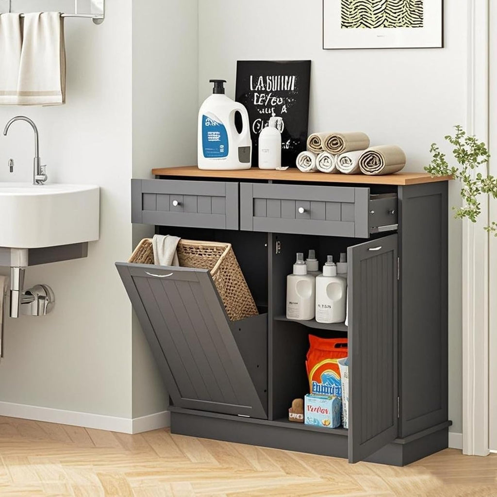 POWERSTONE Hidden Tilt Out Trash Cabinet Kitchen Island with 2 Drawers & Adjustable Shelf, Rubber Wood Countertop, Freestanding Laundry Hamper Recycle Bins, Pet Proof Garbage Can Holder Grey