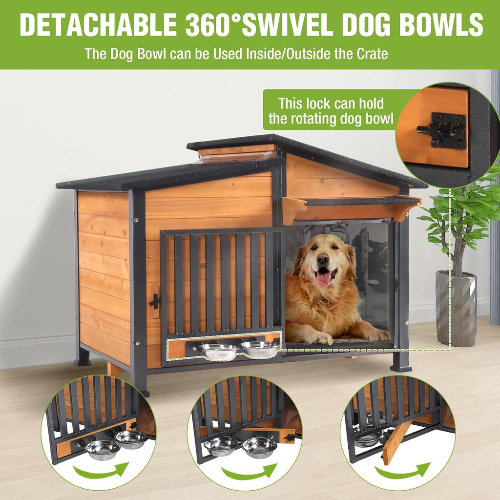 GUTINNEEN Large Heated Dog House Outdoor with Safe Heater and Thermal Liner, Insulated Dog Kennel Indoor Weatherproof Dog Shelter with Rotatable Spill-Proof Bowl for Large Dog Breeds