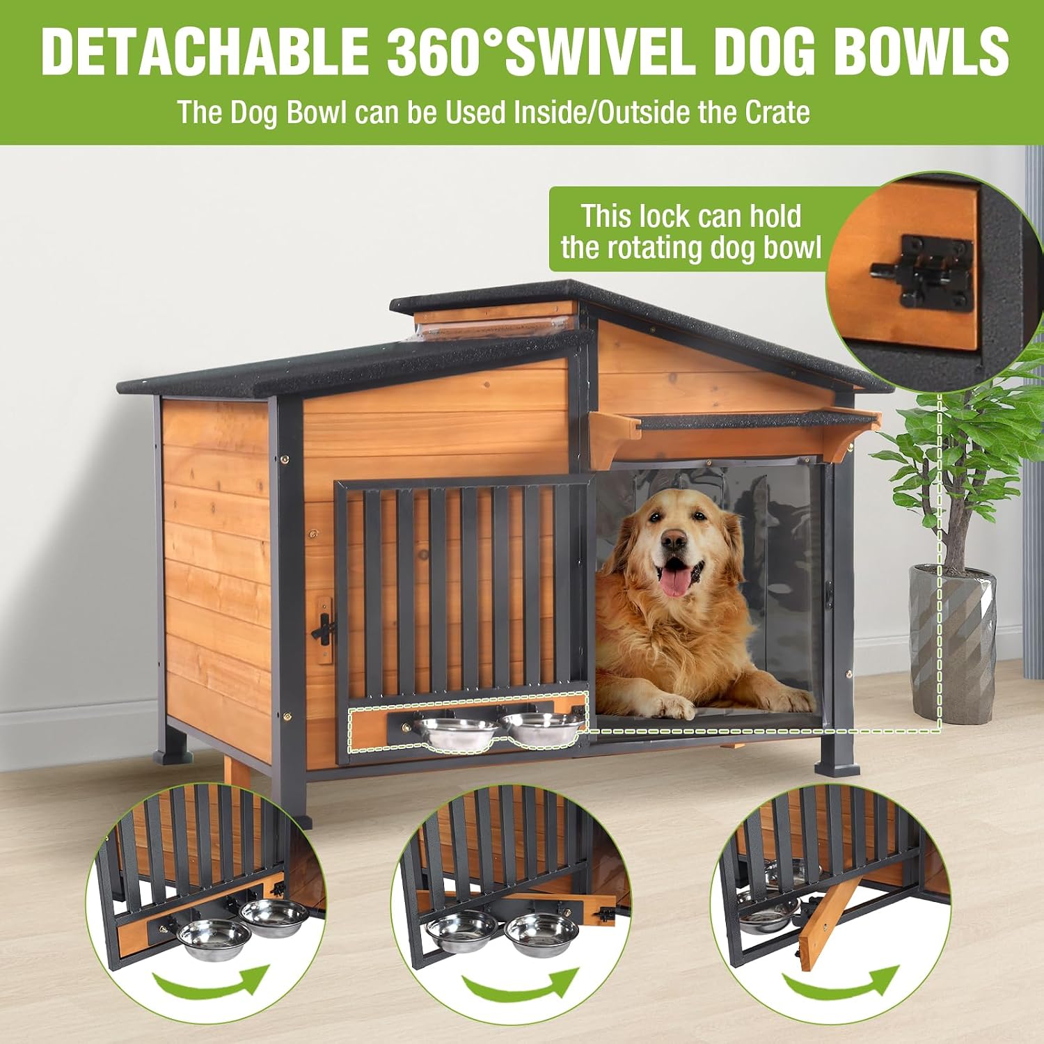 GUTINNEEN Large Heated Dog House Outdoor with Safe Heater and Thermal Liner, Insulated Dog Kennel Indoor Weatherproof Dog Shelter with Rotatable Spill-Proof Bowl for Large Dog Breeds