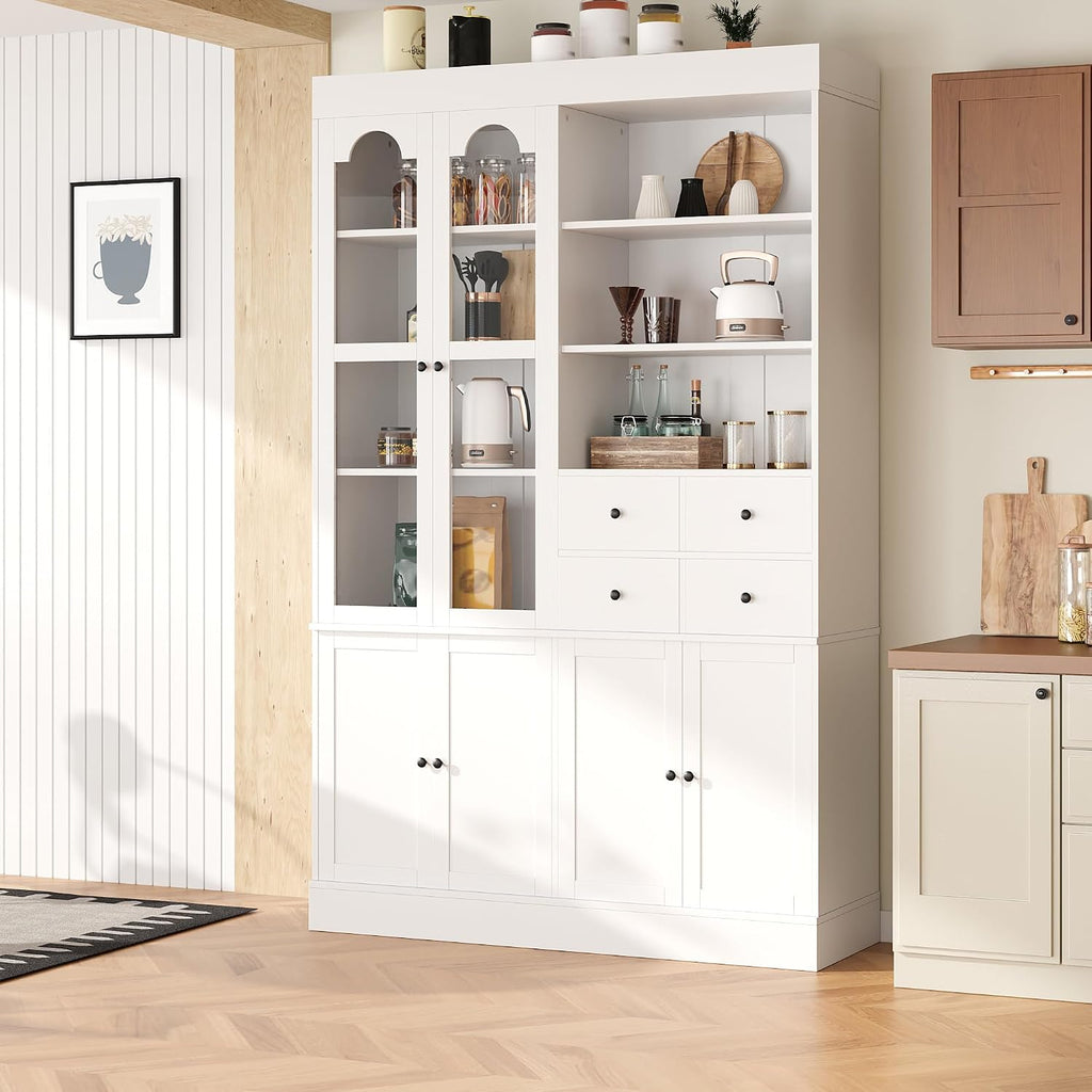 Modern 75inch Tall Kitchen Pantry Storage Cabinet with 4 Drawers, Freestanding Buffet Cabinet with Door Shelves and Pull-Out Trays for Dining Room, Living Room (White/32r)
