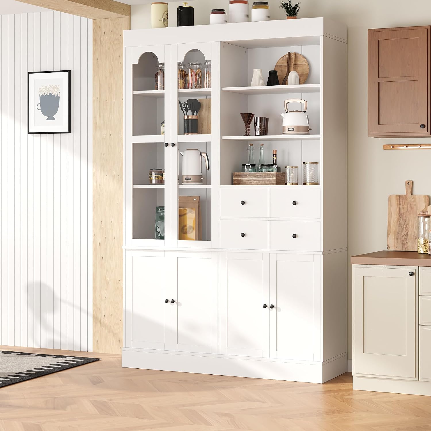 Modern 75inch Tall Kitchen Pantry Storage Cabinet with 4 Drawers, Freestanding Buffet Cabinet with Door Shelves and Pull-Out Trays for Dining Room, Living Room (White/32r)