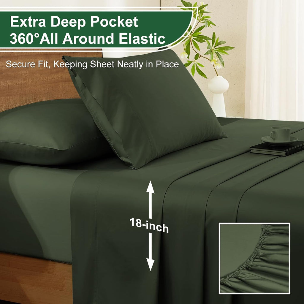 Ivellow 100% Egyptian Cotton Sheets Queen Size Set - 1200 Thread Count 6 PC 18' Deep Pocket Queen Size Bed Sheet Set，Luxury Soft Breathable Dark Green Cooling Sheet Sets Durable Hotel Quality Bedding