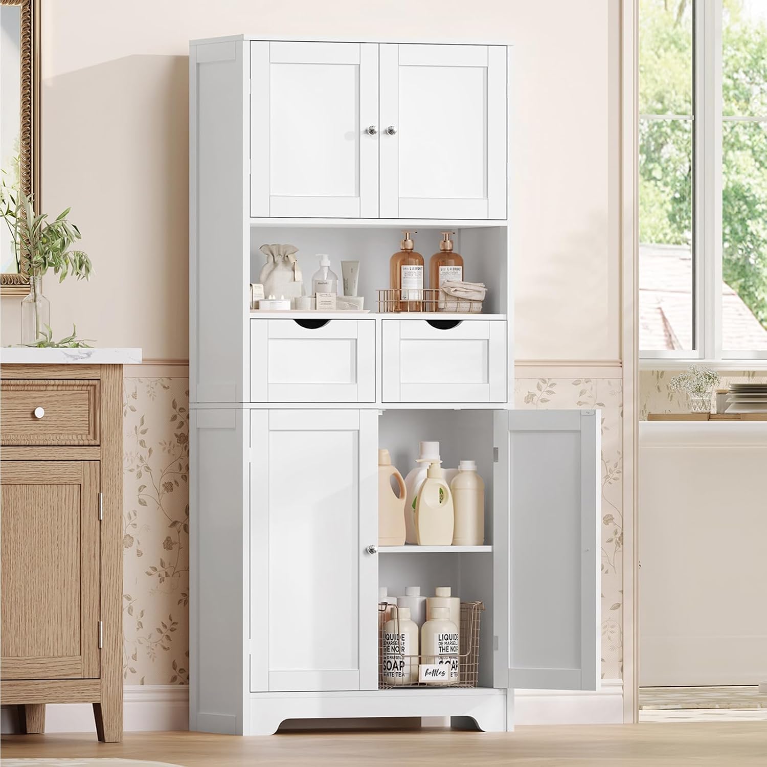 Iwell Tall Storage Cabinet with Adjustable Shelf & 2 Drawers, Kitchen Pantry Cabinet, Pantry Cabinets with 4 Doors, Tall Cabinets for Living Room, Kitchen, Bathroom, White