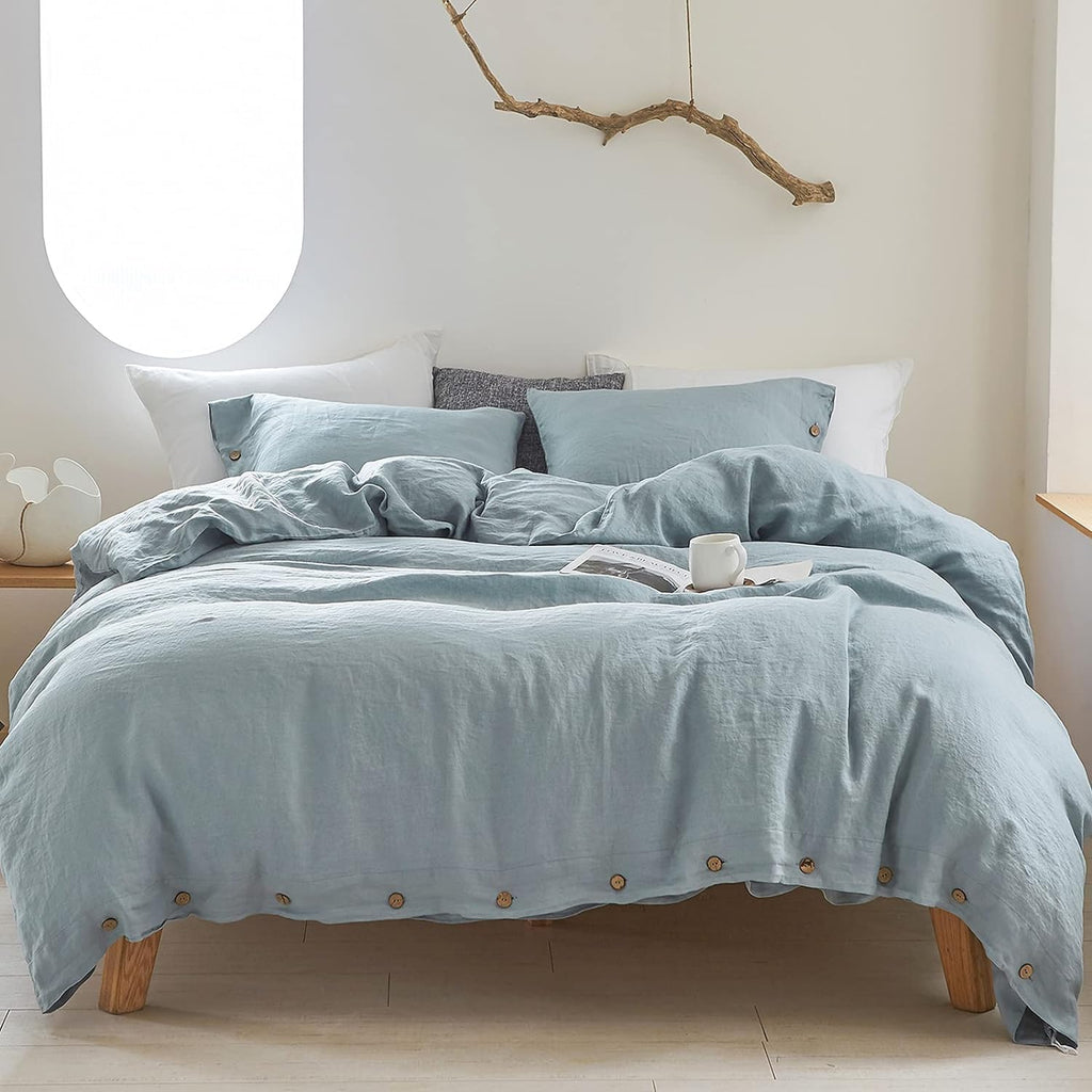 Simple&Opulence 100% Linen Duvet Cover Set 3pcs with Coconut Button Closure Natural French Washed Flax Solid Color Soft Breathable Farmhouse Bedding - Dusty Blue, Queen Size