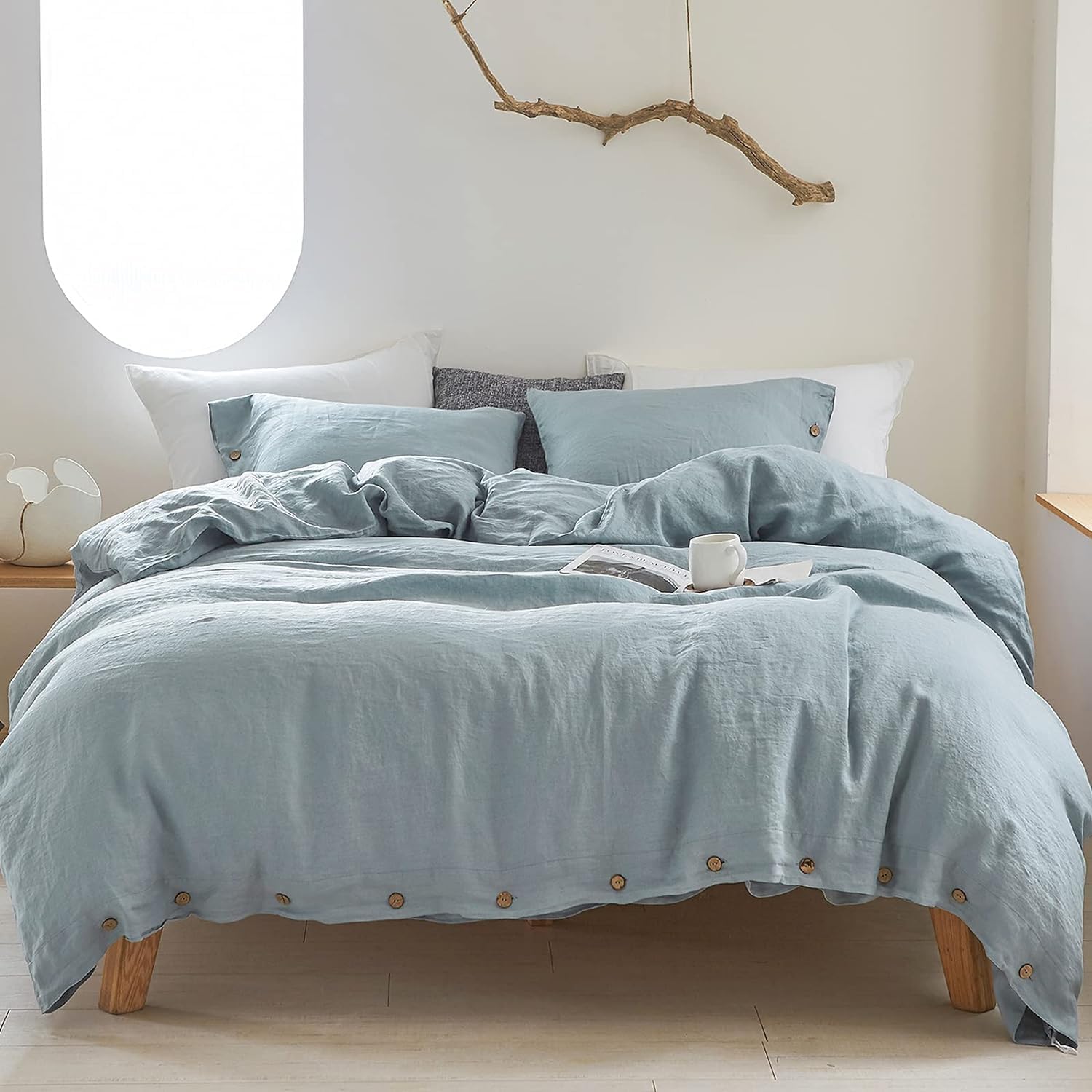 Simple&Opulence 100% Linen Duvet Cover Set 3pcs with Coconut Button Closure Natural French Washed Flax Solid Color Soft Breathable Farmhouse Bedding - Dusty Blue, Queen Size