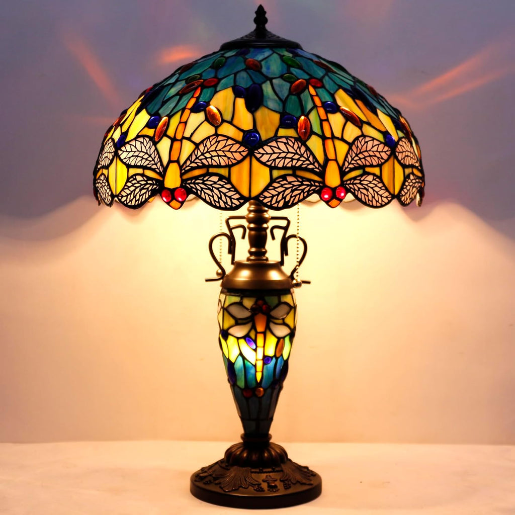 WERFACTORY Tiffany Table Lamp Sea Blue Yellow Stained Glass Dragonfly Mather-Daughter Vase Table Lamp 16X16X24 Inches Desk Light Decor Bedroom Living Room Home Office S128 Series