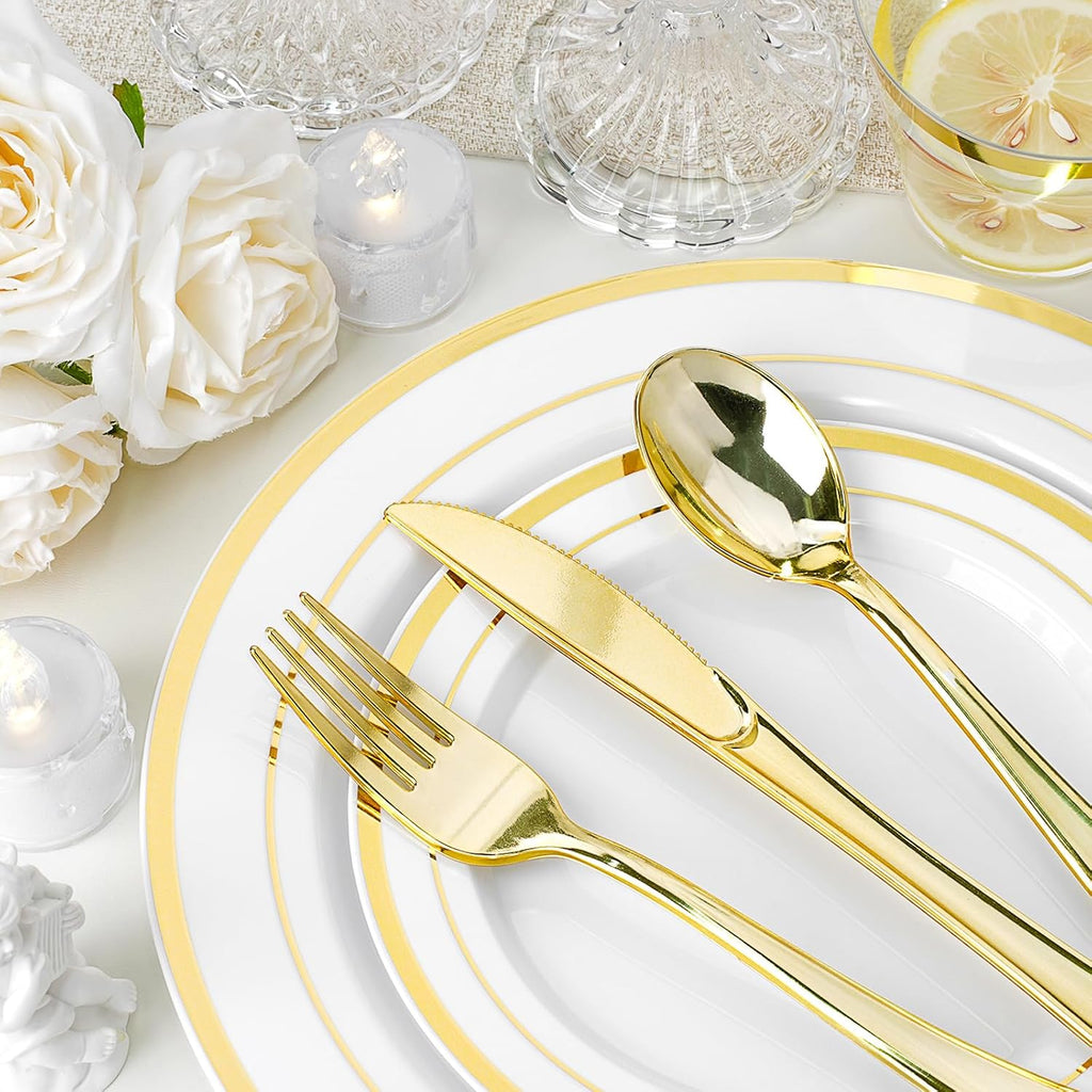 700 PCS Gold Plastic Dinnerware Set for 100 Guests, 200 DisposablePlates for Party, 100 Pre Rolled Napkins with Gold Silverware, 100 Cups