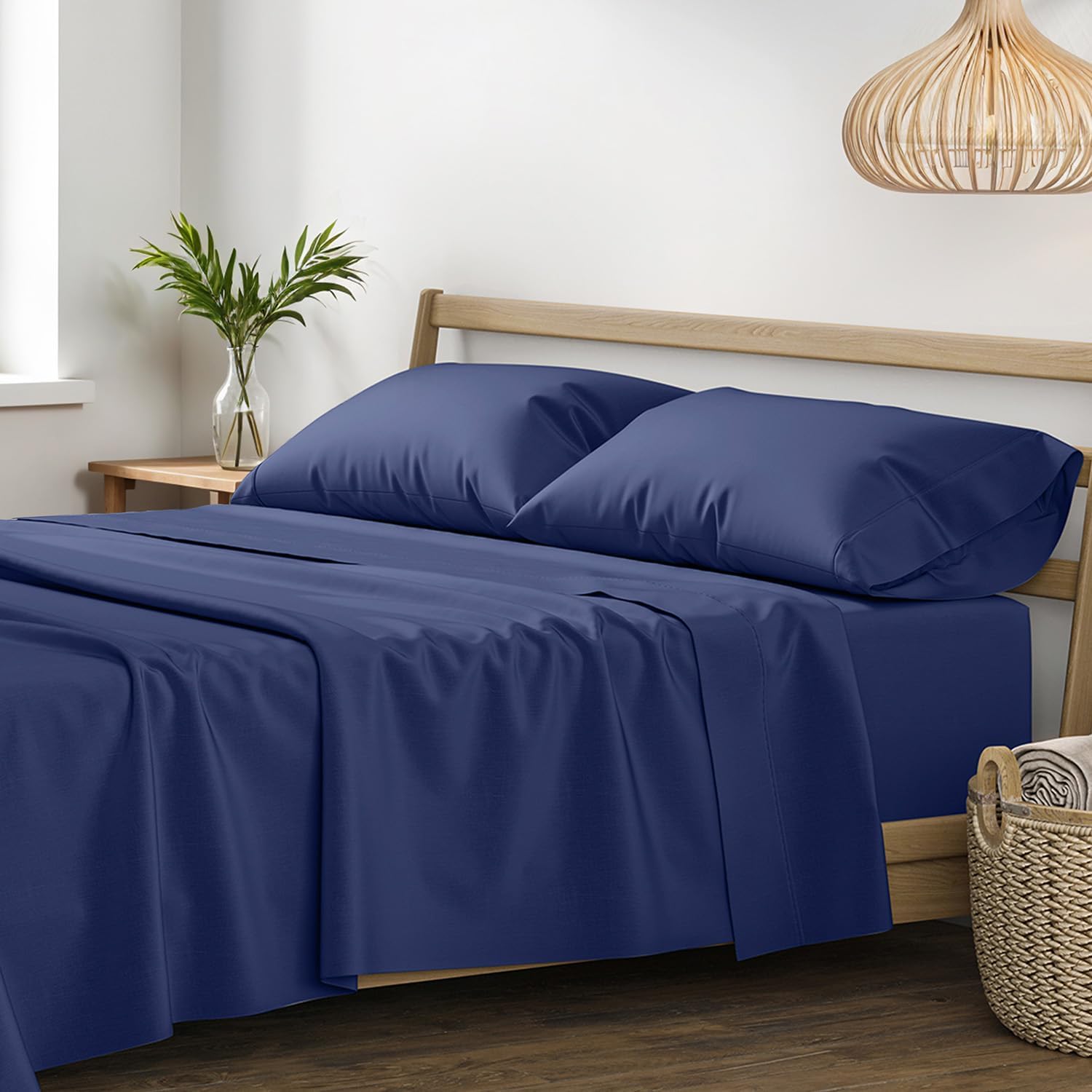 XOOX Linen 100% Egyptian Cotton Sheets Queen Size - 1200 Thread Count Queen Size Sheets Set Egyptian Cotton, 4 PC Luxury Bedsheet (Navy Blue), Soft, Cooling, 17' Deep Pocket Sateen Weave Bedsheet Set