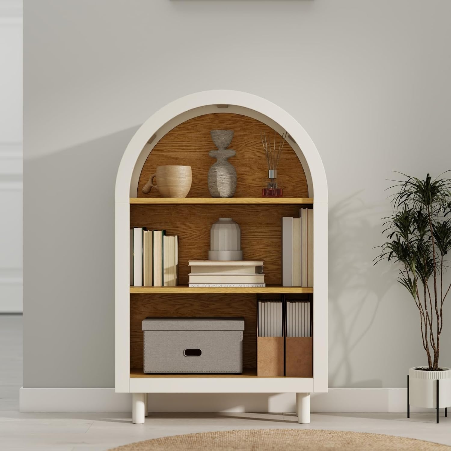 QMIT Arched Small Wooden Bookshelf, White 3 Tier Storage Bookcase Cabinet with Open Display Shelves for Living Room, Bedroom, Entryway