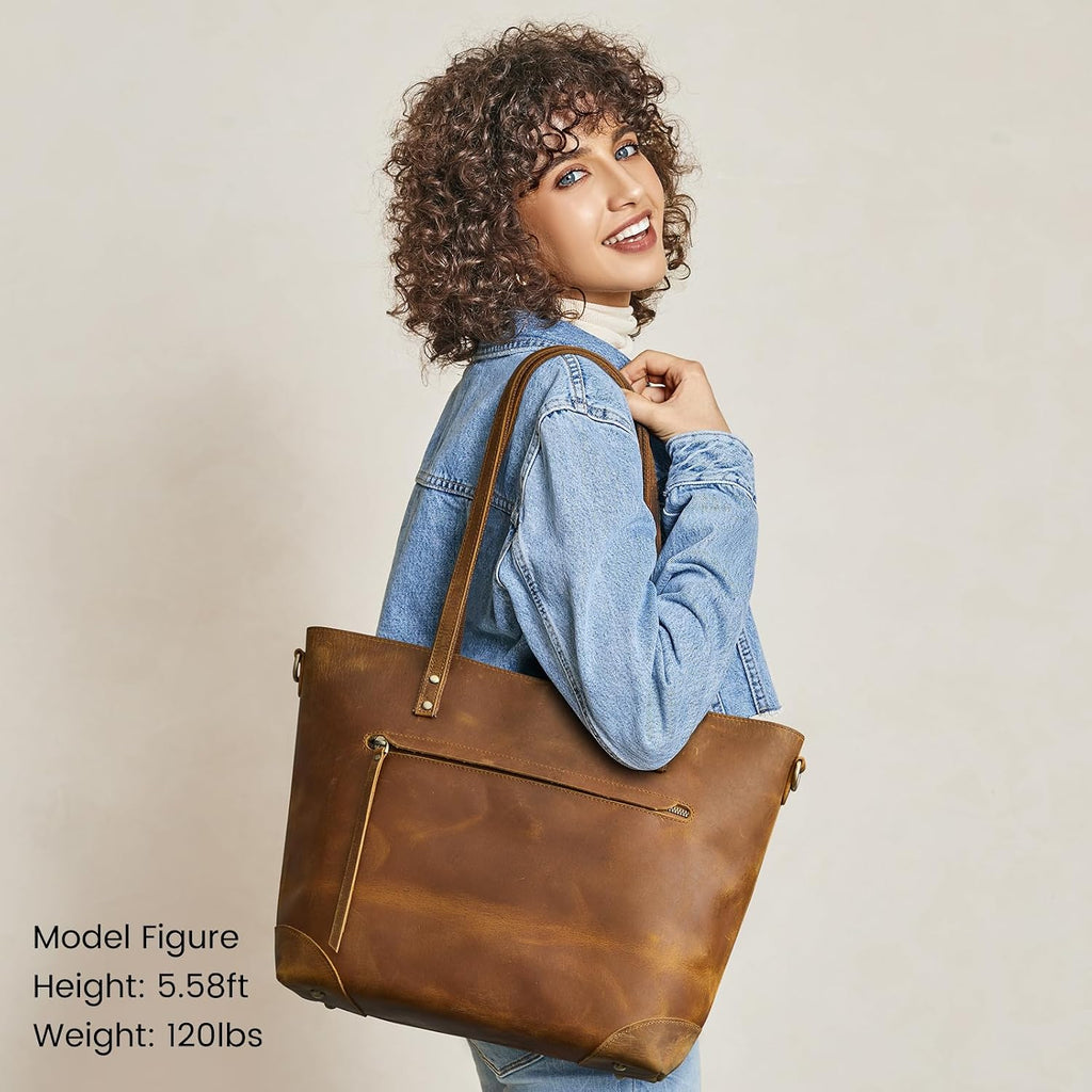 S-ZONE Vintage Genuine Leather Shoulder Bag Work Totes for Women Purse Handbag with Back Zipper Pocket Large