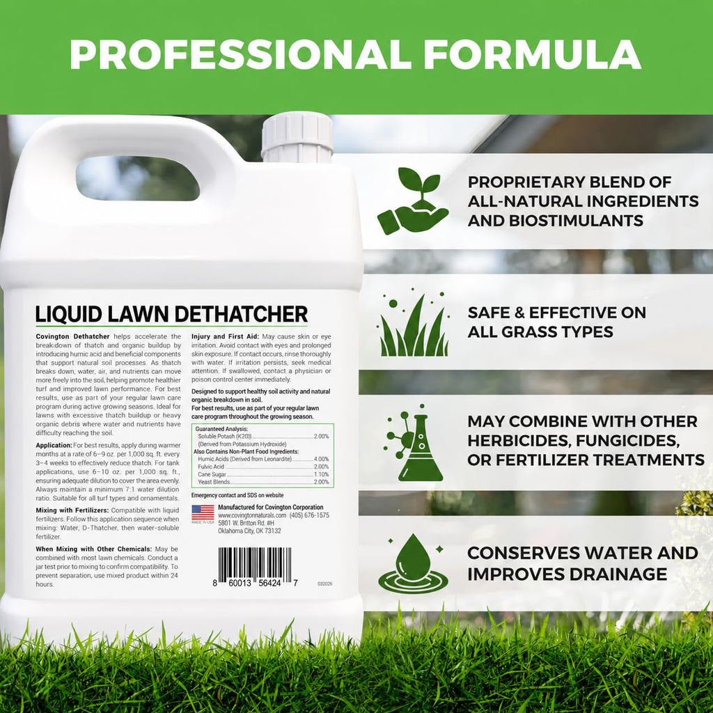 Covington Liquid Lawn Dethatcher (2.5 Gal) – Liquid Aerator Concentrate & Humic Thatch Remover, Soil Softener & Grass Thatch Buster for Lawns & Gardens – Kids & Pet Safe, Made in USA